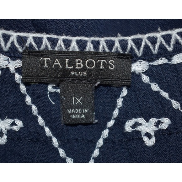 TALBOTS 1X Cotton Navy Blue White Embroidery 3/4 Sleeves Gauze Peasant Boho Top - Picture 4 of 16